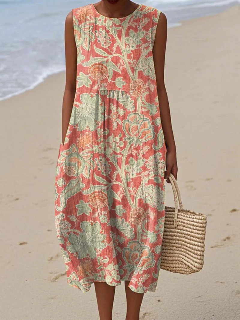 Sleeveless Summer Dress with Vintage Floral Art Print and Pockets