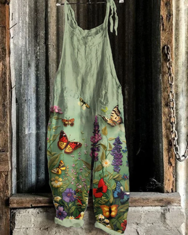 Vintage Overalls for Women –  Floral and Butterfly Pattern